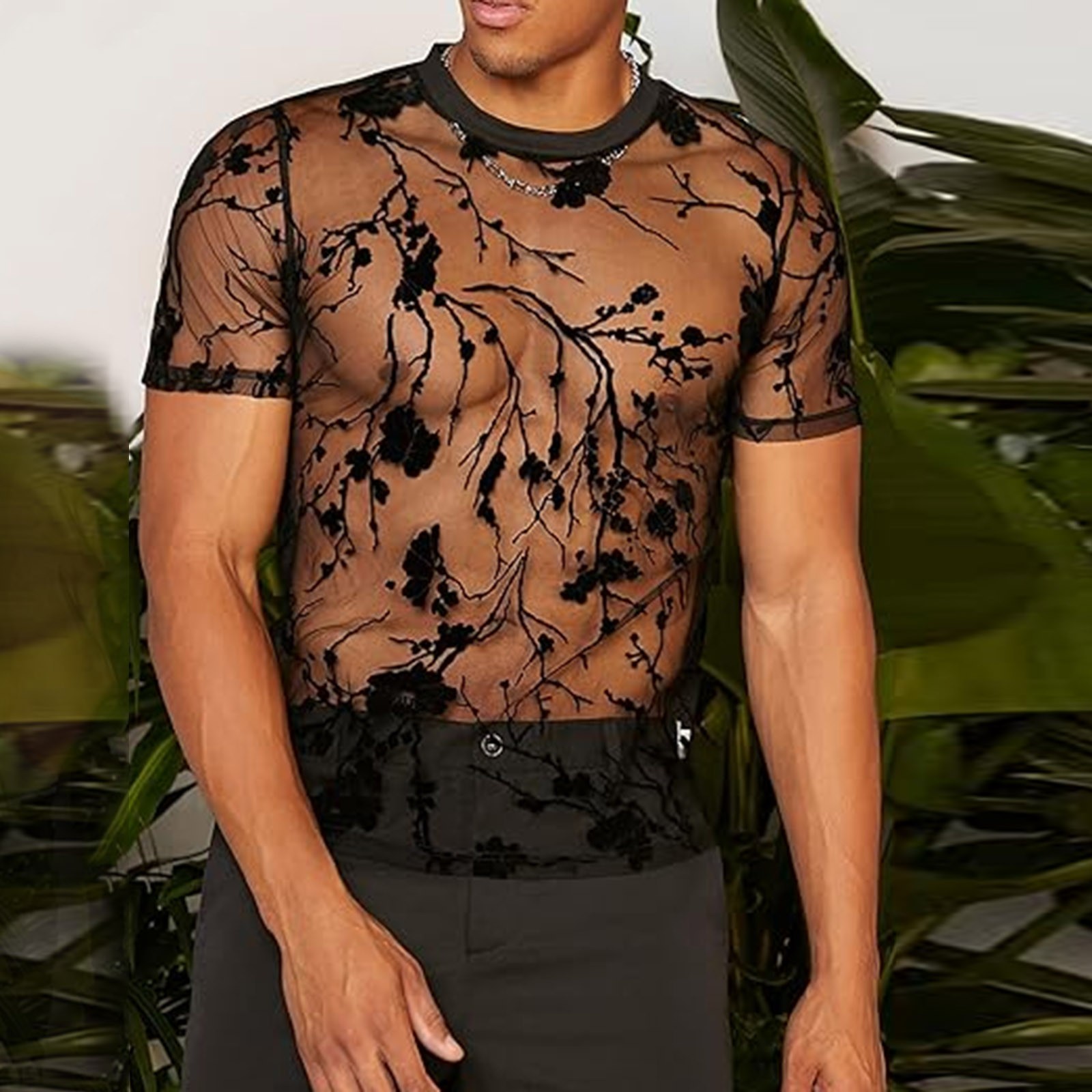 thumbnail image 2 of Camiseta de manga corta con estampado floral para hombre: diseño de cuello redondo y malla, ligera, para todas las estaciones, cuello y hombros reforzados, 2 of 8